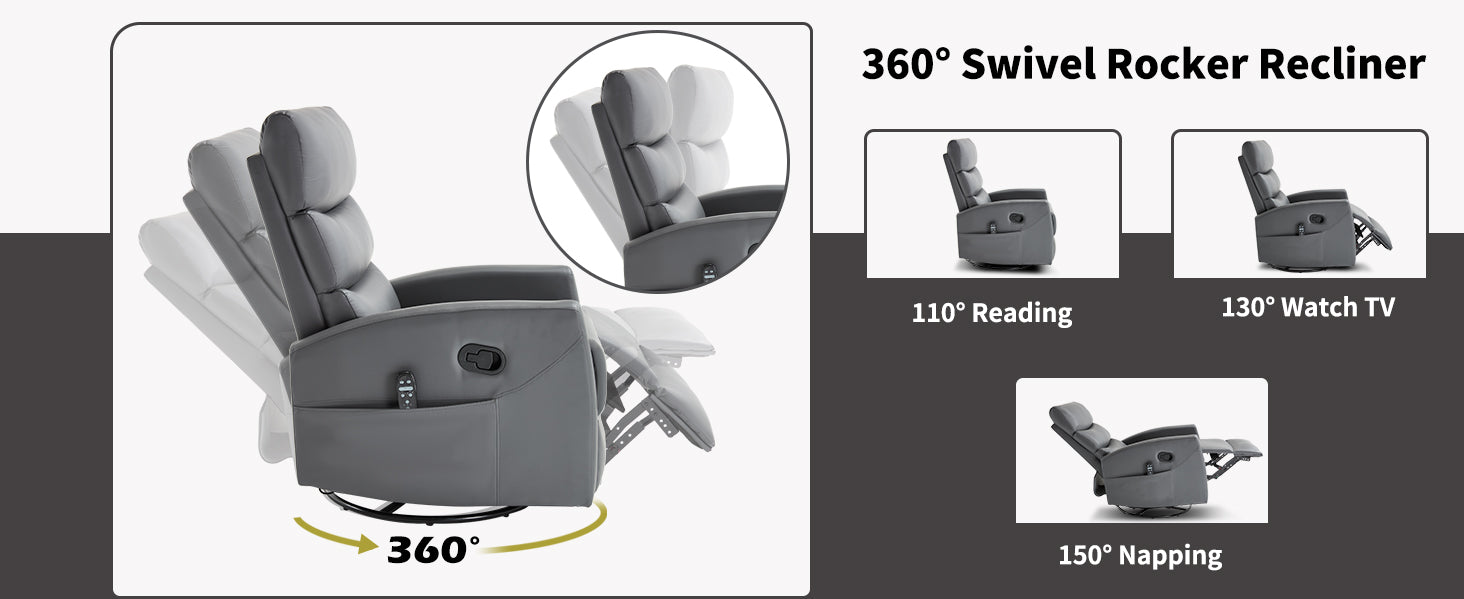 360° Swivel Rocker Recliner with various angles shown on a gray background