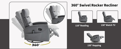 360° Swivel Rocker Recliner with various angles shown on a gray background