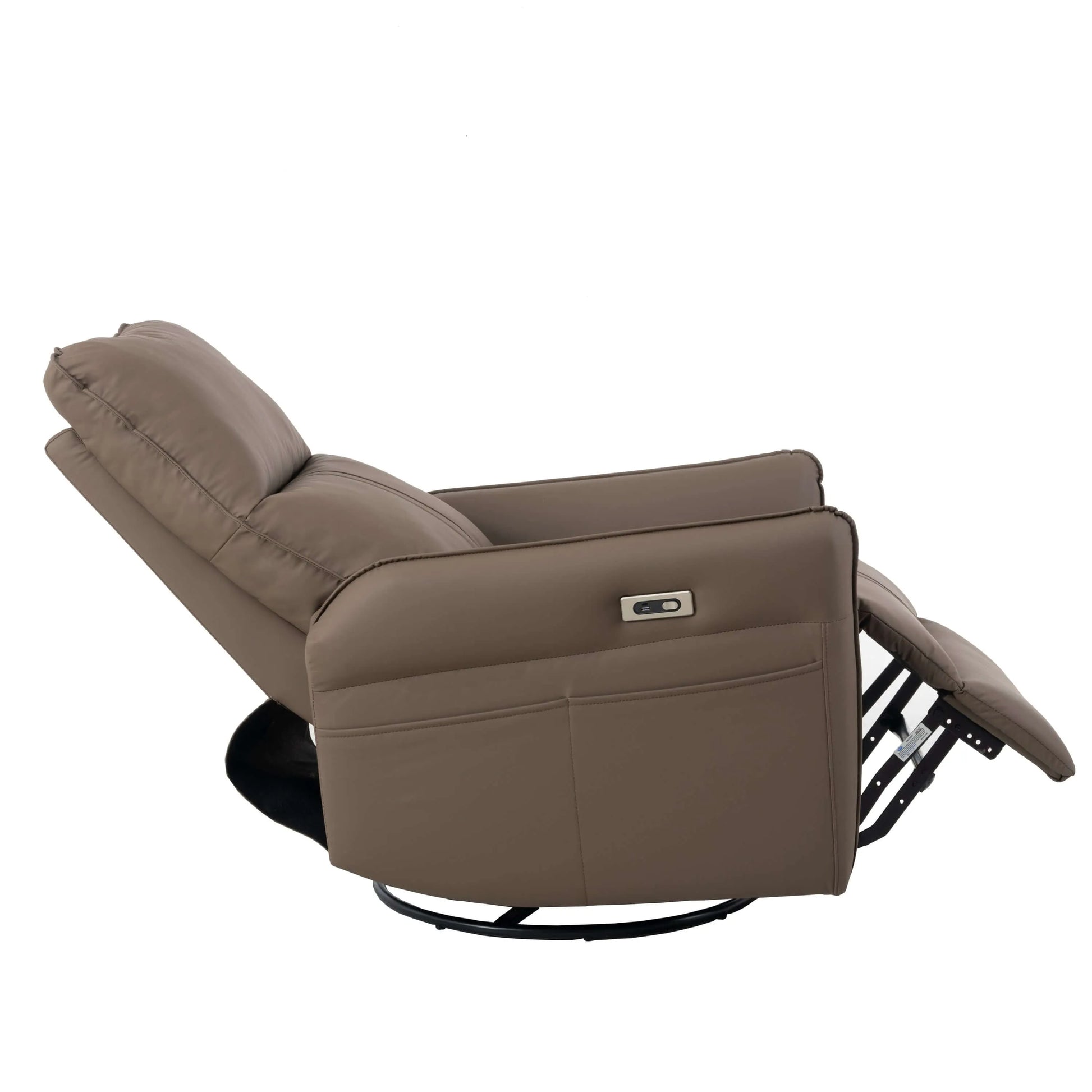 Side view of a fully reclined brown recliner chair on a white background