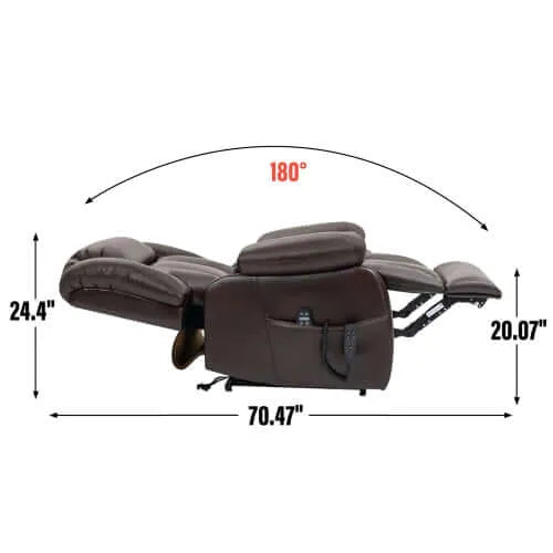Measurement chart of a brown recliner chair fully reclined with dimensions labeled on a white background