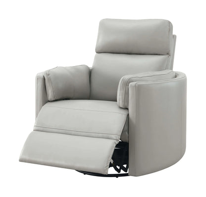 Angled view of the Sagen Gray Faux Leather Glider Recliner with Swivel with footrest extended on a white background