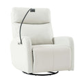 Light gray recliner chair with a phone holder and black metal base on a white background