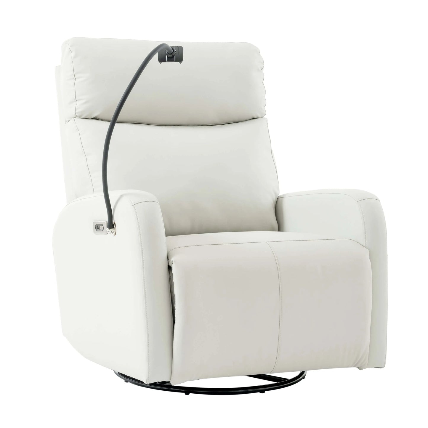 Light gray recliner chair with a phone holder and black metal base on a white background