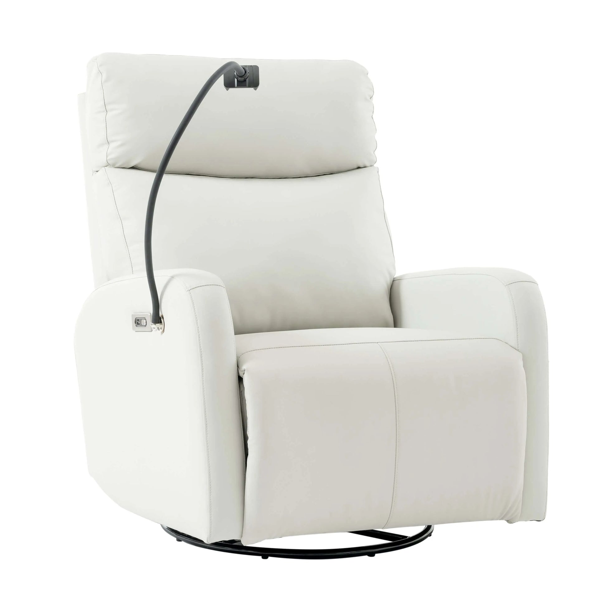 Light gray recliner chair with a phone holder and black metal base on a white background