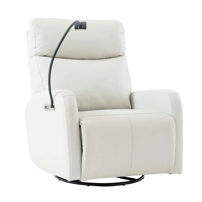 Light gray recliner chair with a phone holder and black metal base on a white background