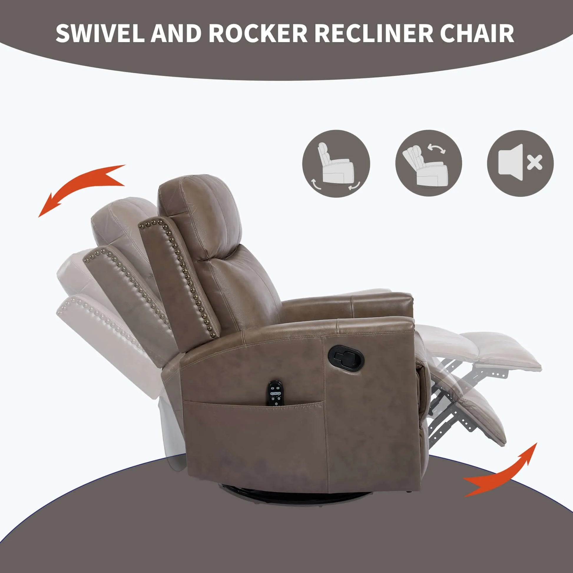 Brown swivel and rocker recliner chair with features indicated on a white and tan background