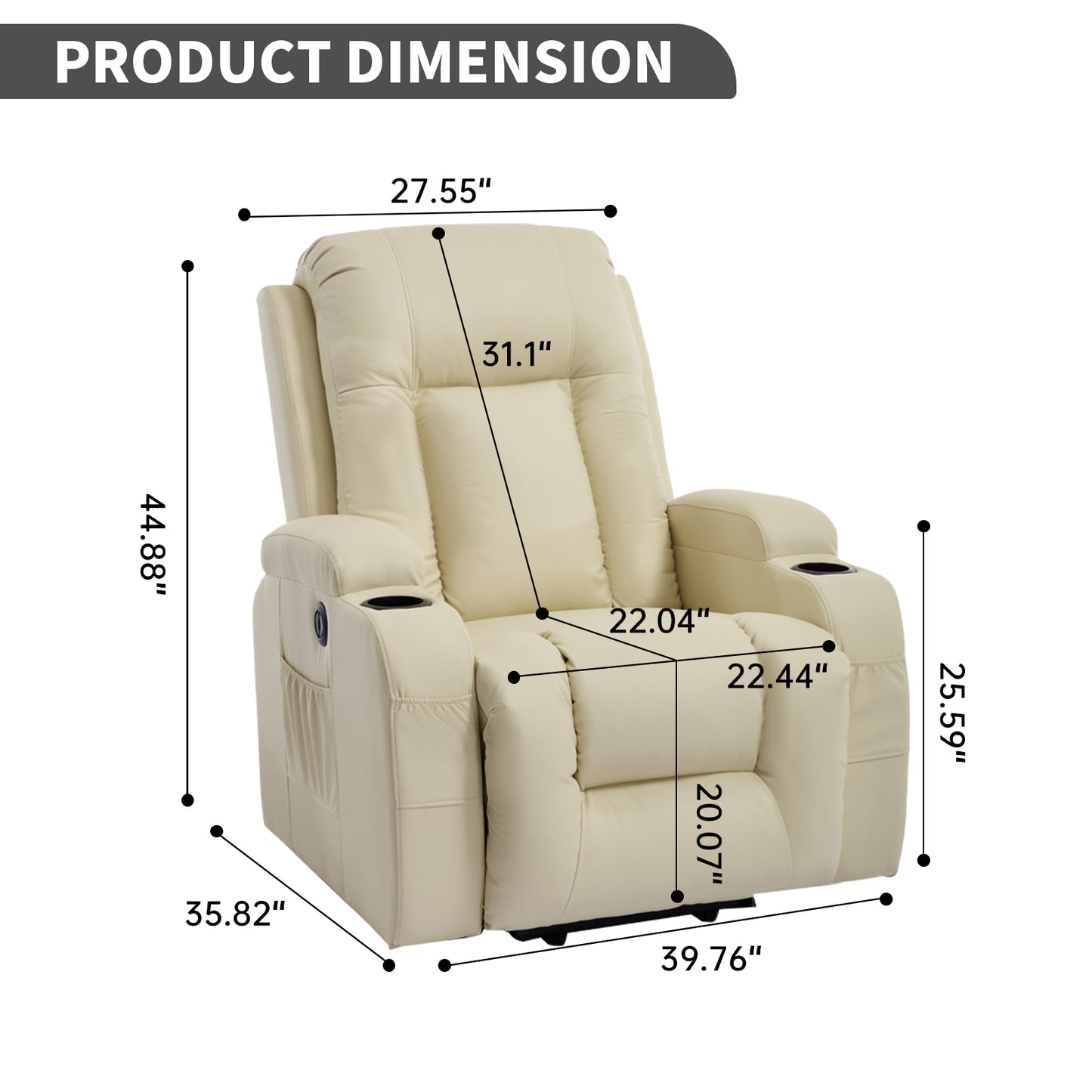350 LB Power Lift Recliner w/ Massage, Heat, USB, Cup Holders-Beige
