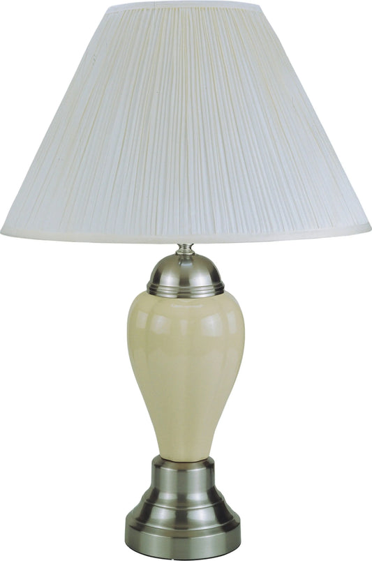 Table lamp with a white pleated shade and cream base on a white background