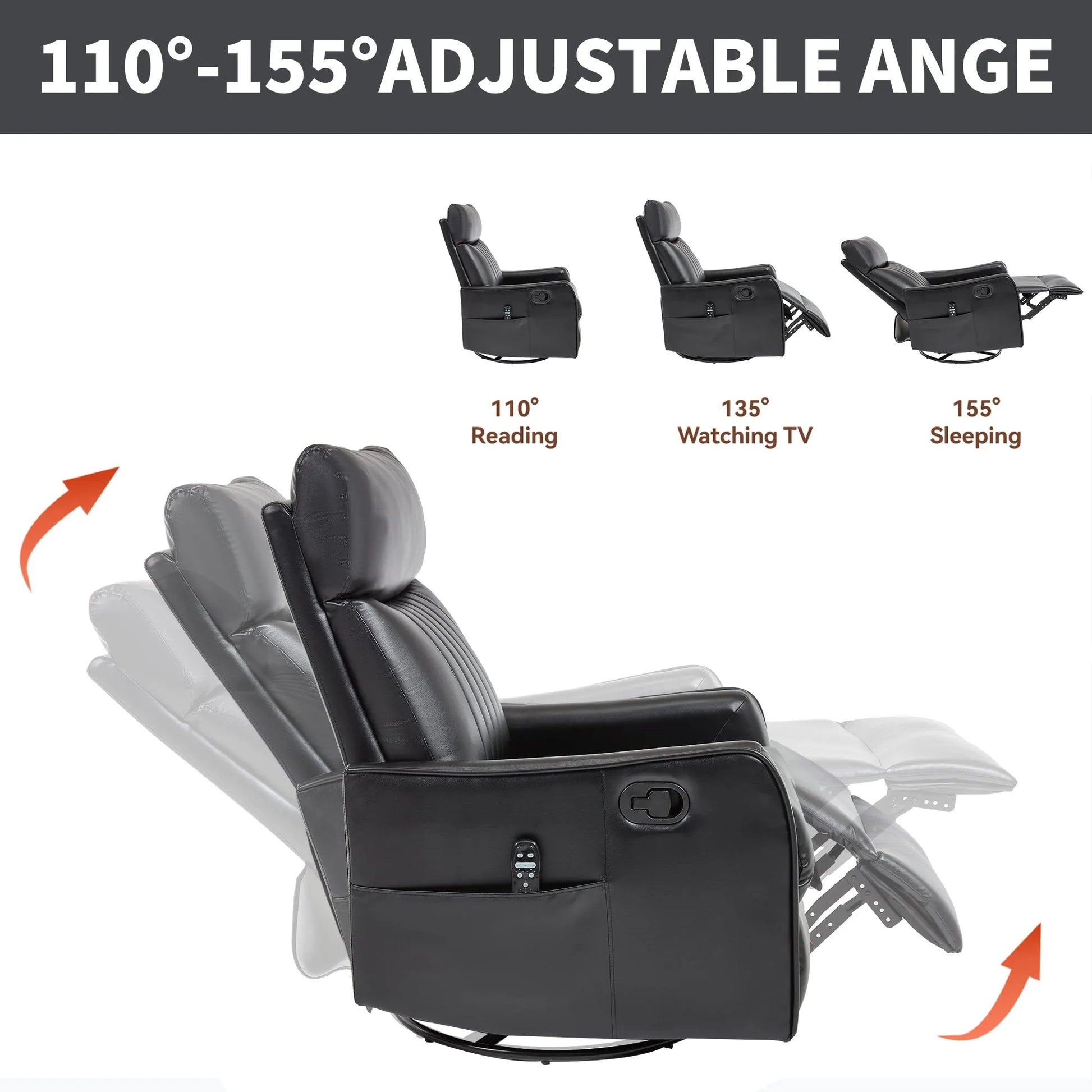 Black recliner chair with adjustable angles for reading, watching TV, and sleeping on a white background.