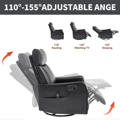 Black recliner chair with adjustable angles for reading, watching TV, and sleeping on a white background.