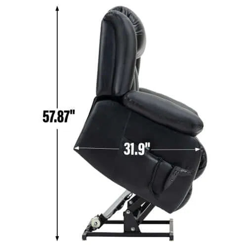 Black recliner lift chair with measurements on a white background