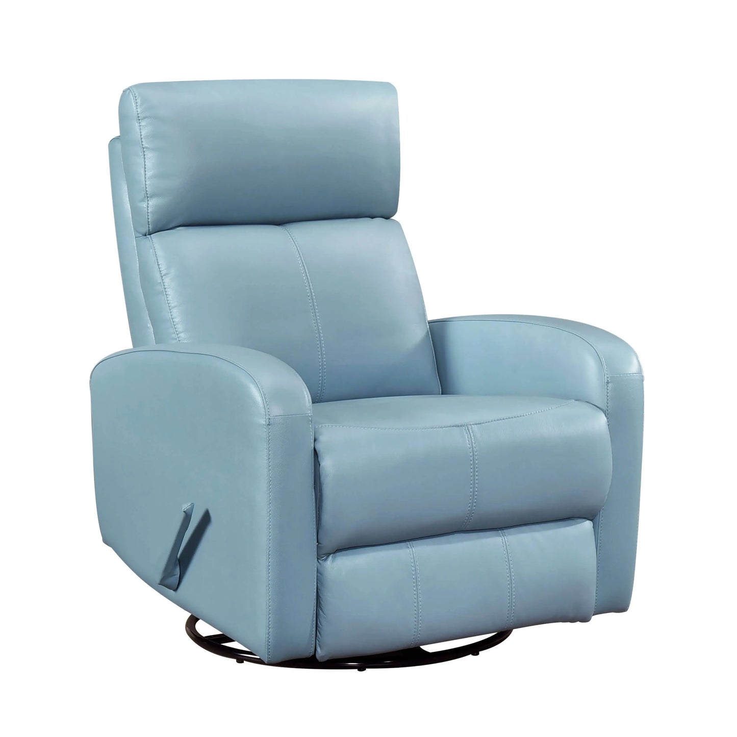 Blue recliner chair with a black round metal swivel base on a white background