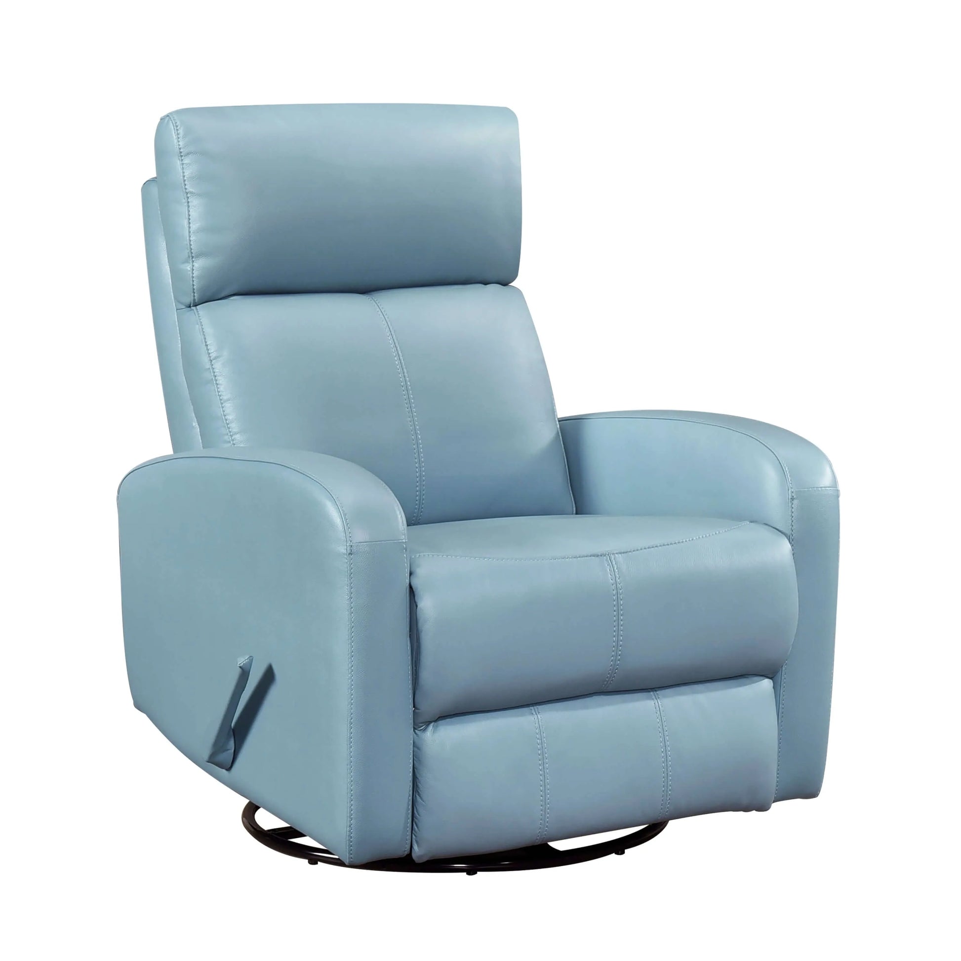Blue recliner chair with a black round metal swivel base on a white background