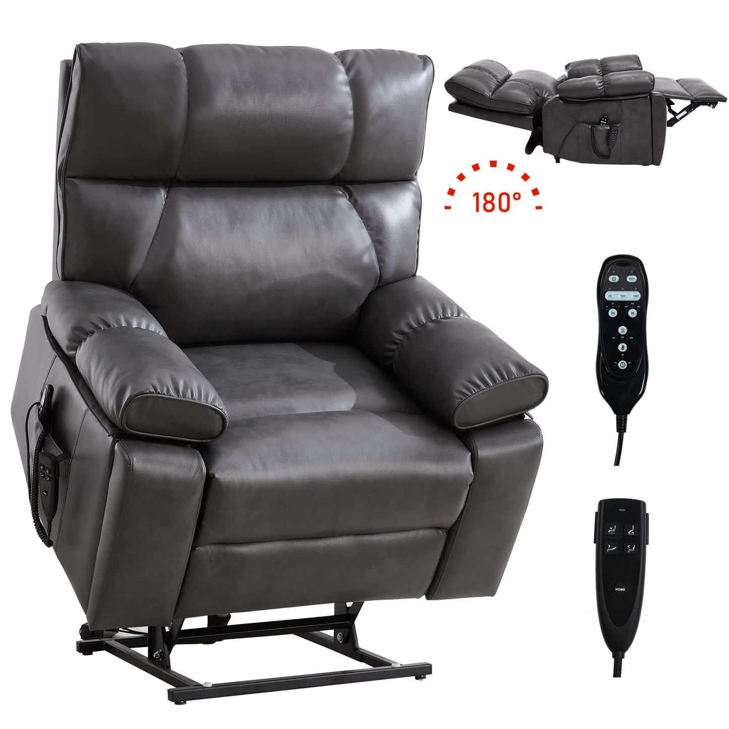 Leatheraire Power Lift Recliner w/ Heat, Massage & Remote/Dark Gray