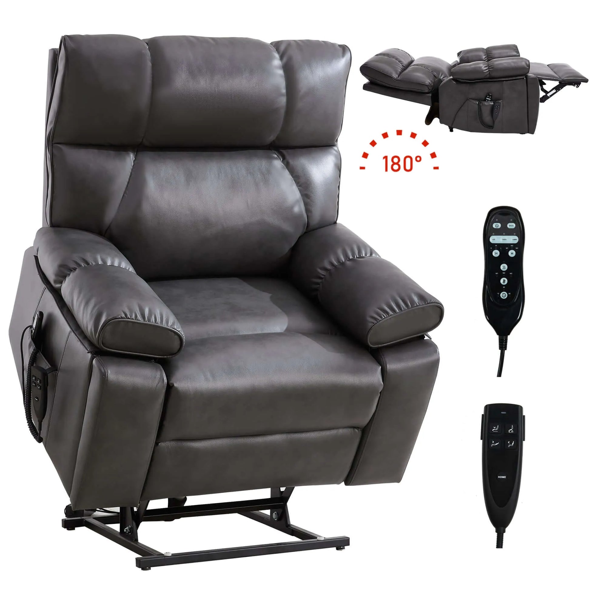 Gray recliner chair with remote control on a white background
