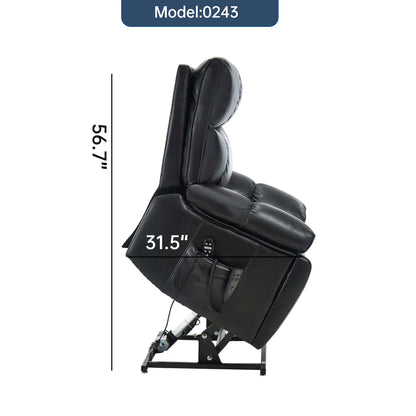 Black massage chair with dimensions labeled on a white background