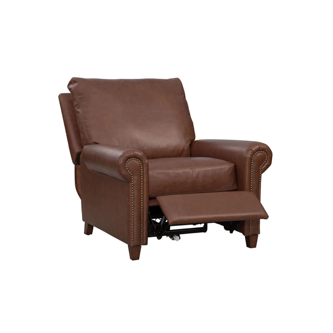 Brown leather recliner chair with footrest extended on a white background