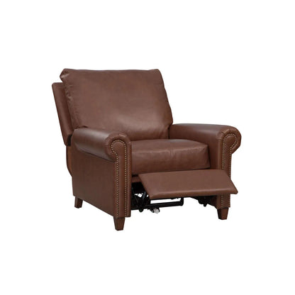 Brown leather recliner chair with footrest extended on a white background