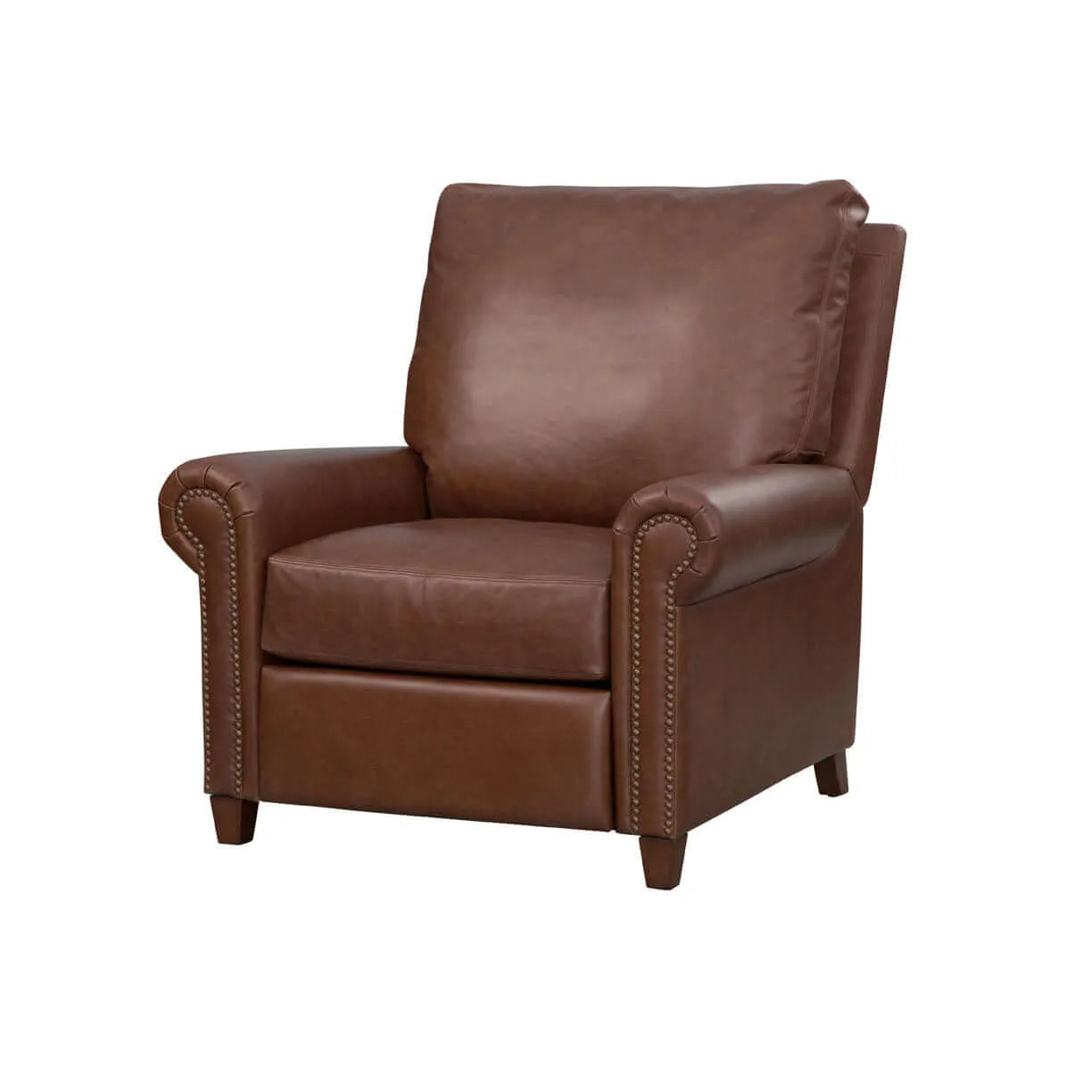 Brown leather recliner chair with nailhead trim on a white background