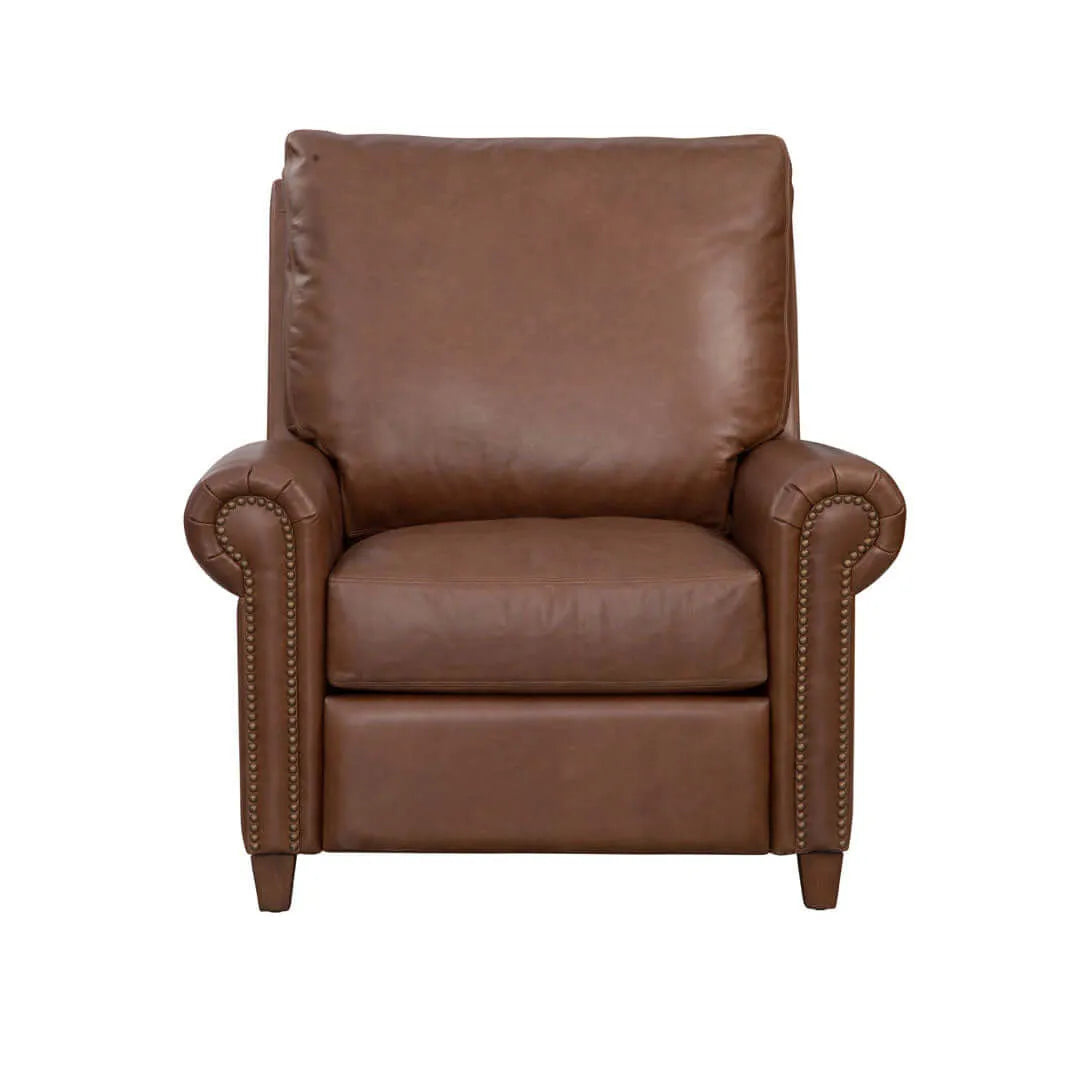 Front view of a brown leather recliner chair on a white background