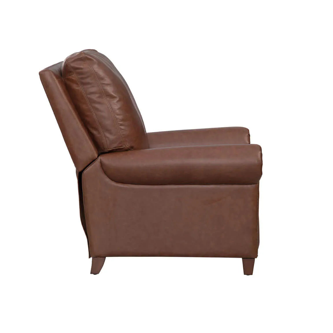 Side view of a brown leather recliner chair on a white background