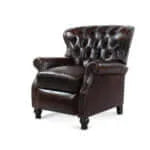 Dark brown leather recliner chair on a white background