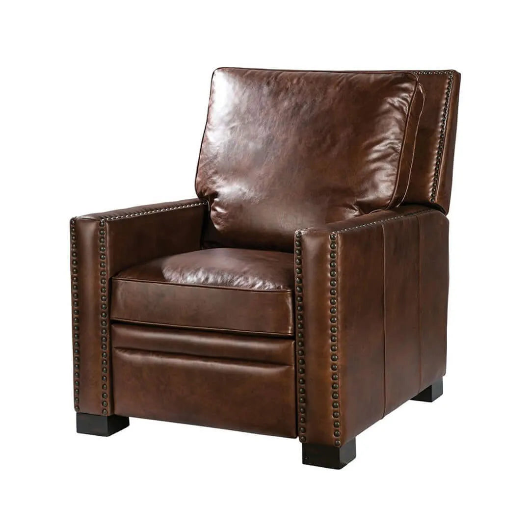 Brown genuine leather recliner chair with nailhead trim on a white background