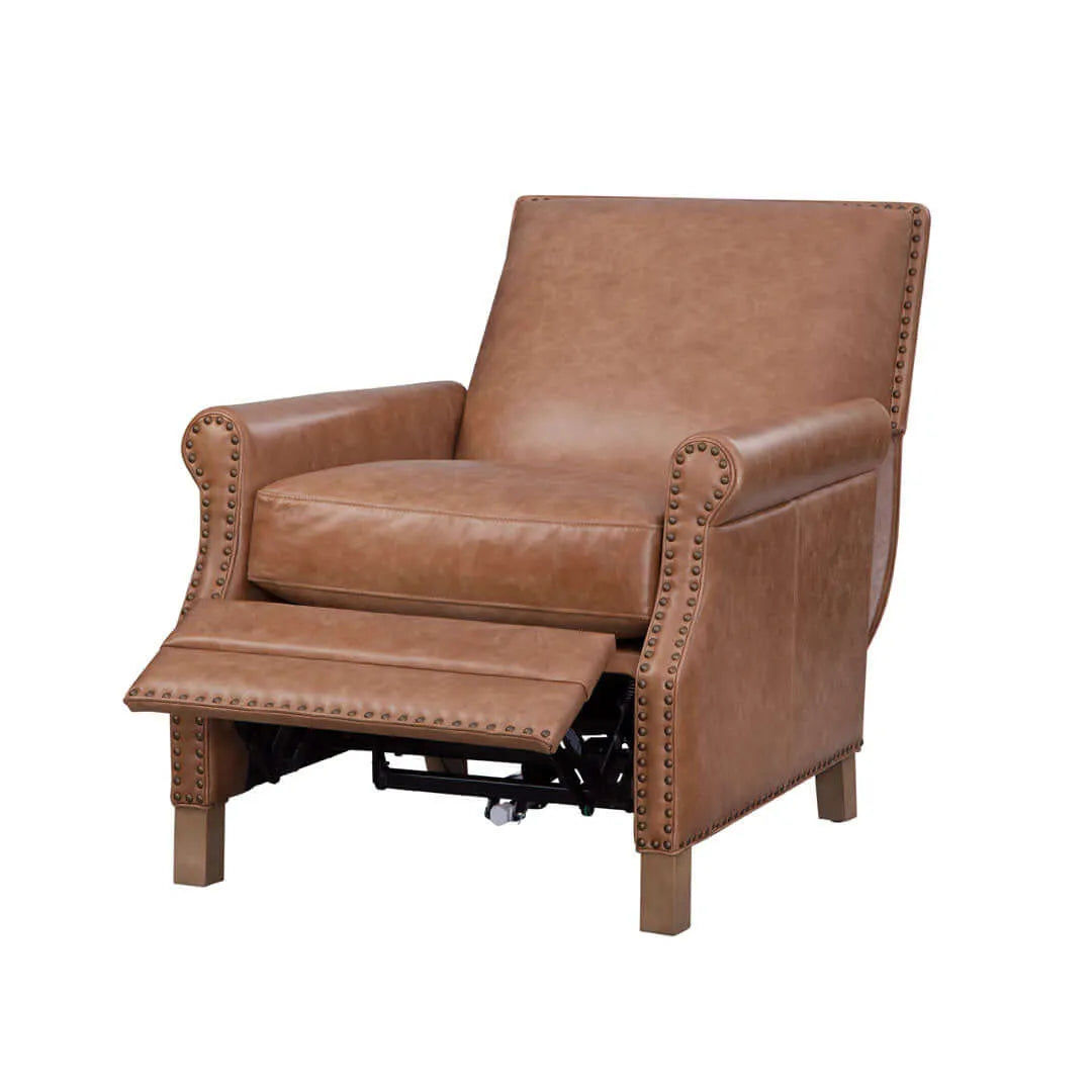 Brown leather recliner chair with footrest extended and nailhead trim on a white background