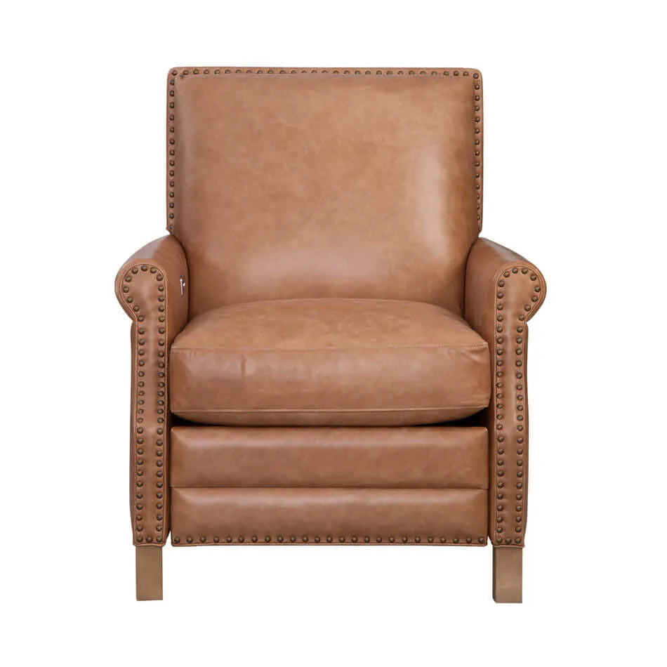 Brown leather recliner chair with nailhead trim on a white background