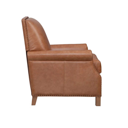Side view of a brown leather reclliner chair on a white background