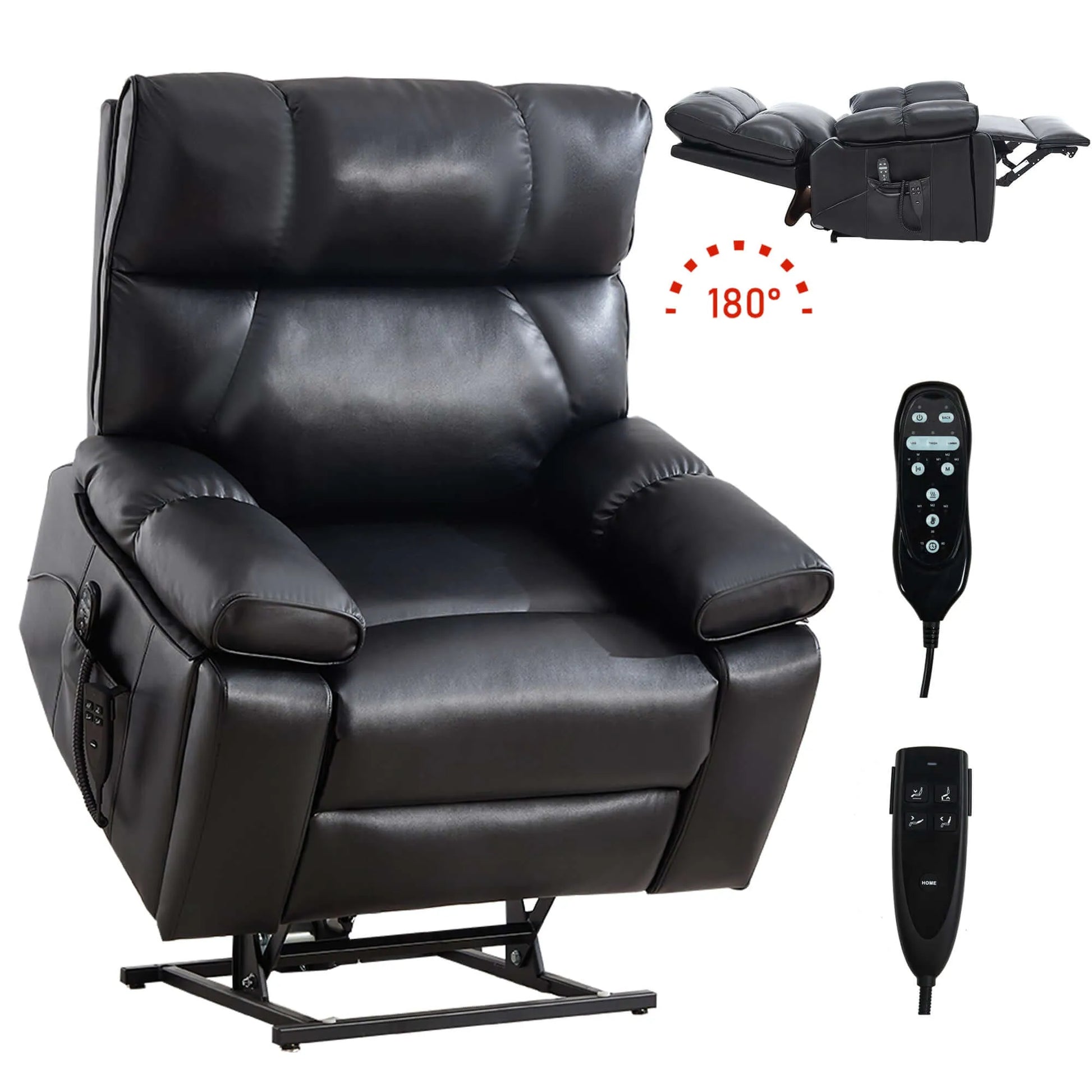 Black leather recliner chair with remote control on a white background