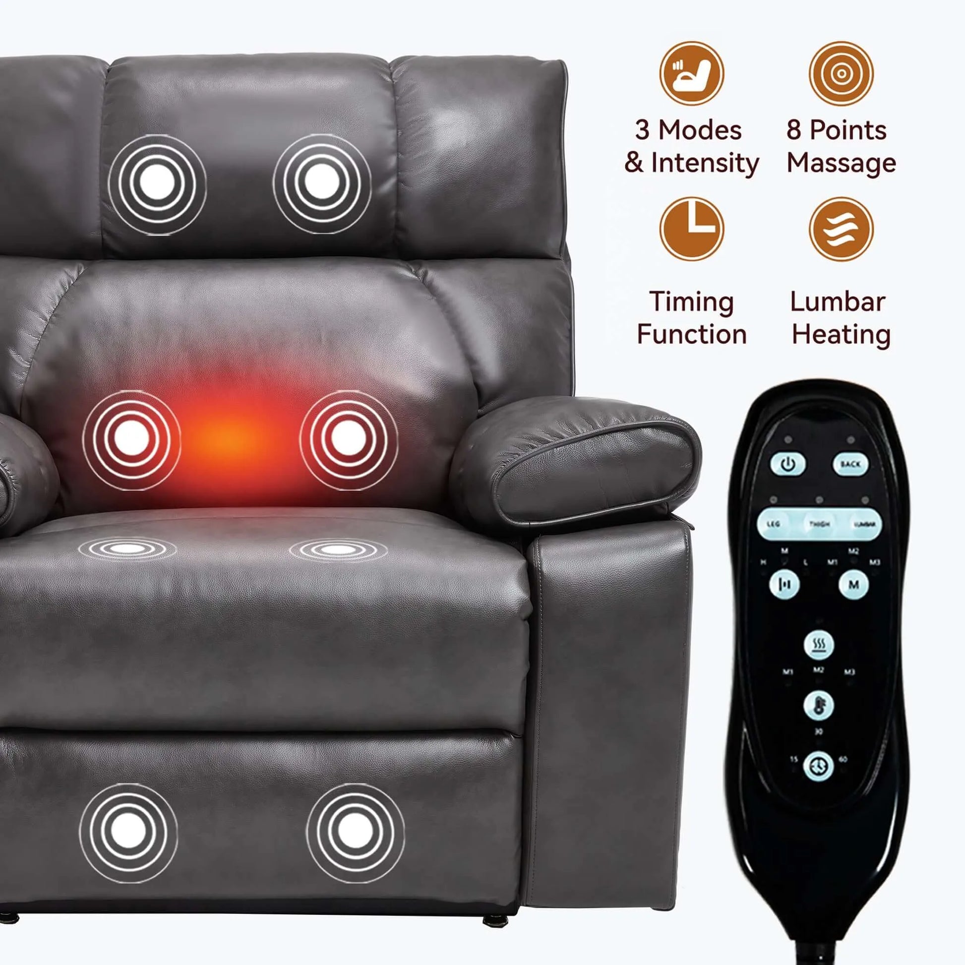 Massage recliner chair with massage points and remote control on a white background