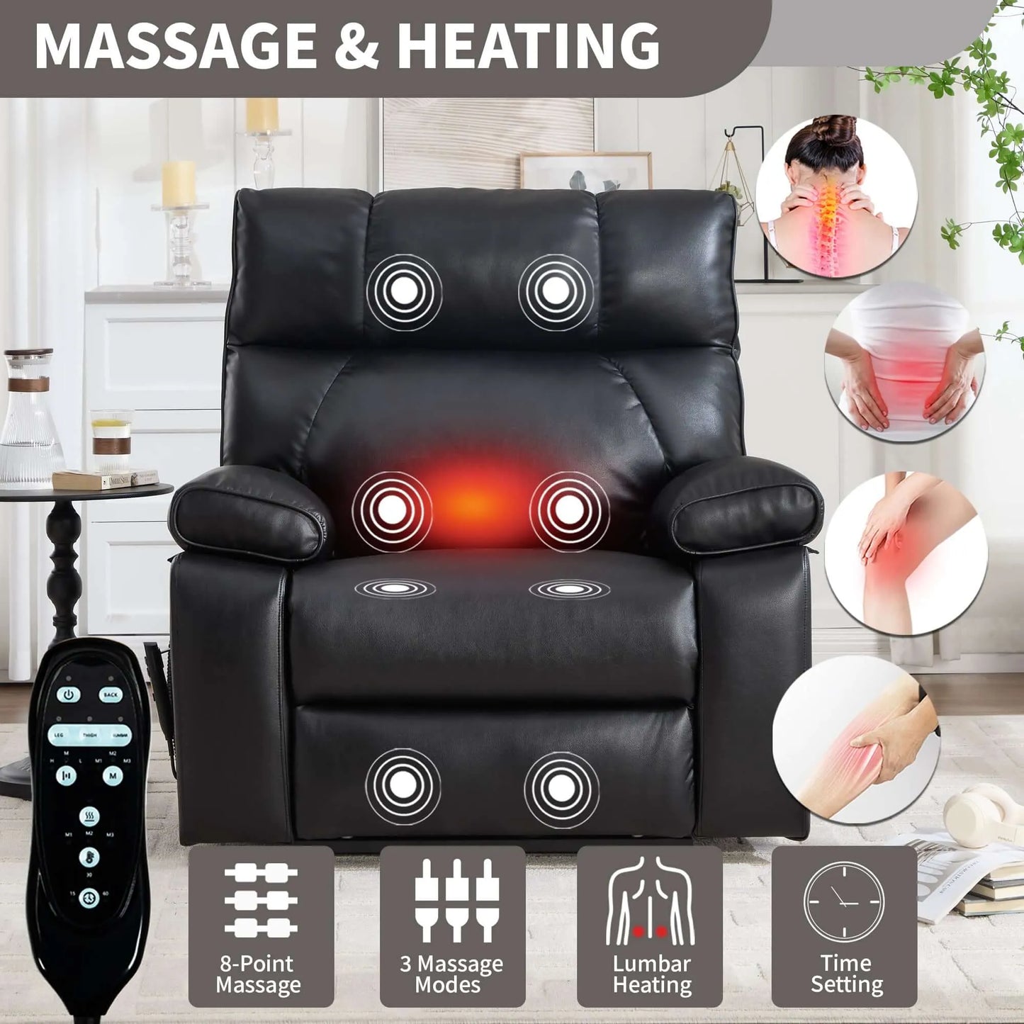 Black massage recliner chair with massage and heating features, shown in a home setting.