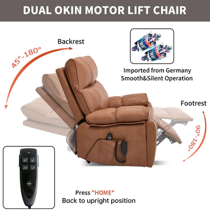 Brown faux leather dual Okin motor lift chair with features highlighted on a white background