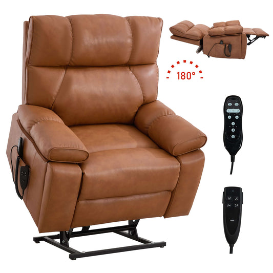 Brown leather recliner chair with remote controls on a white background
