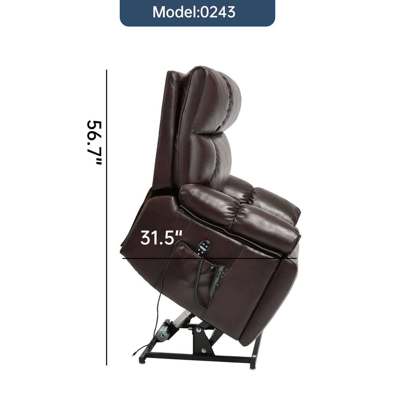 Brown recliner chair with dimensions labeled on a white background