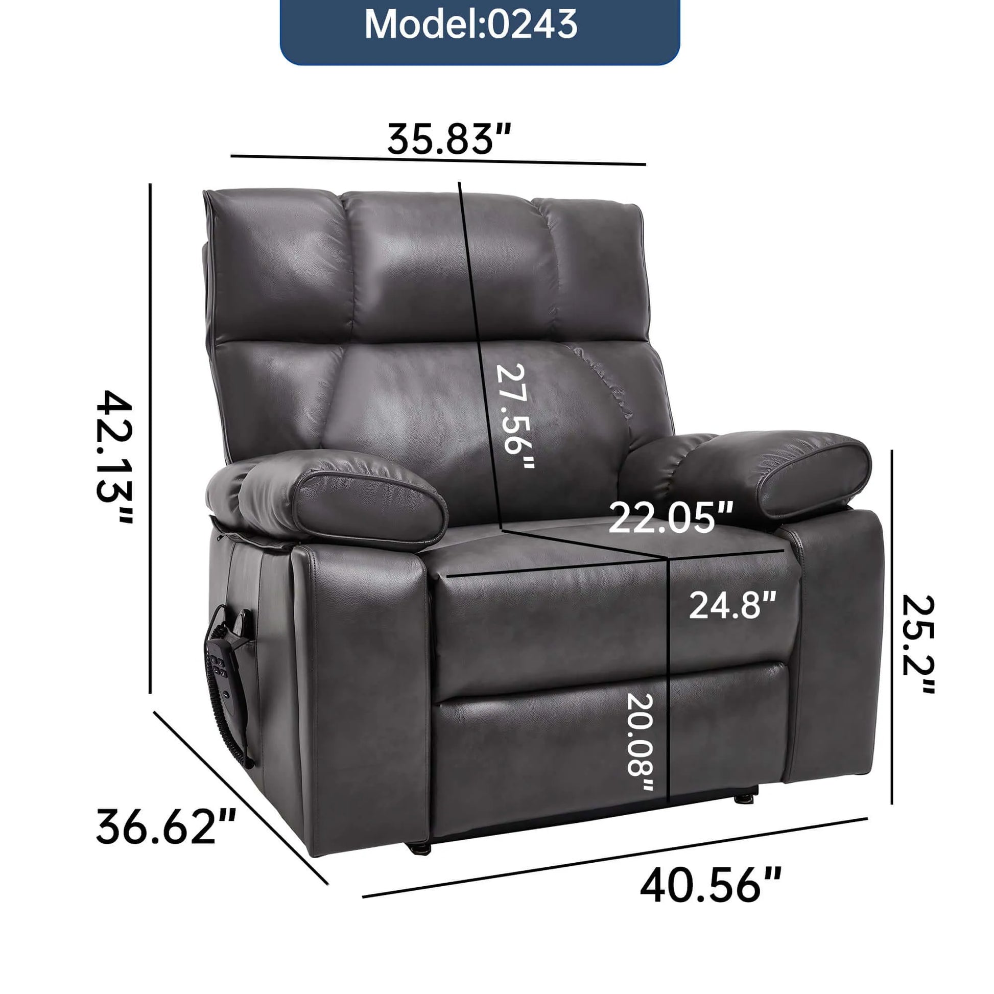 Black recliner chair with dimensions labeled on a white background