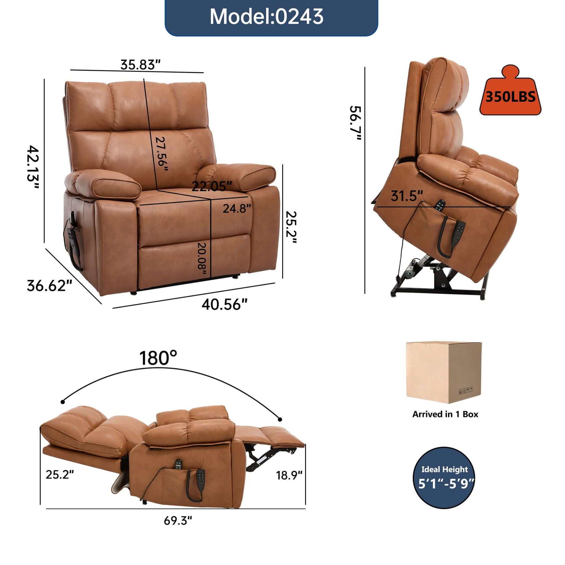 Brown recliner chair with dimensions and features on a white background
