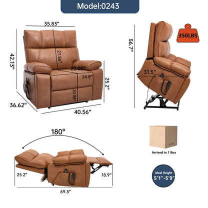 Brown recliner chair with dimensions and features on a white background