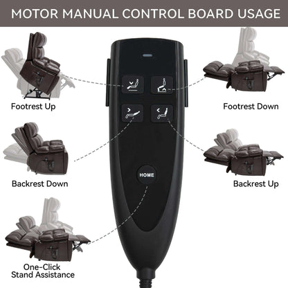 Motor manual control board for recliner chairs with usage illustrations on a white background.