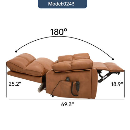 Brown faux leather recliner chair with dimensions labeled on a white background