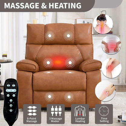 Brown massage and heating recliner chair with remote control, surrounded by icons and images showing its features.