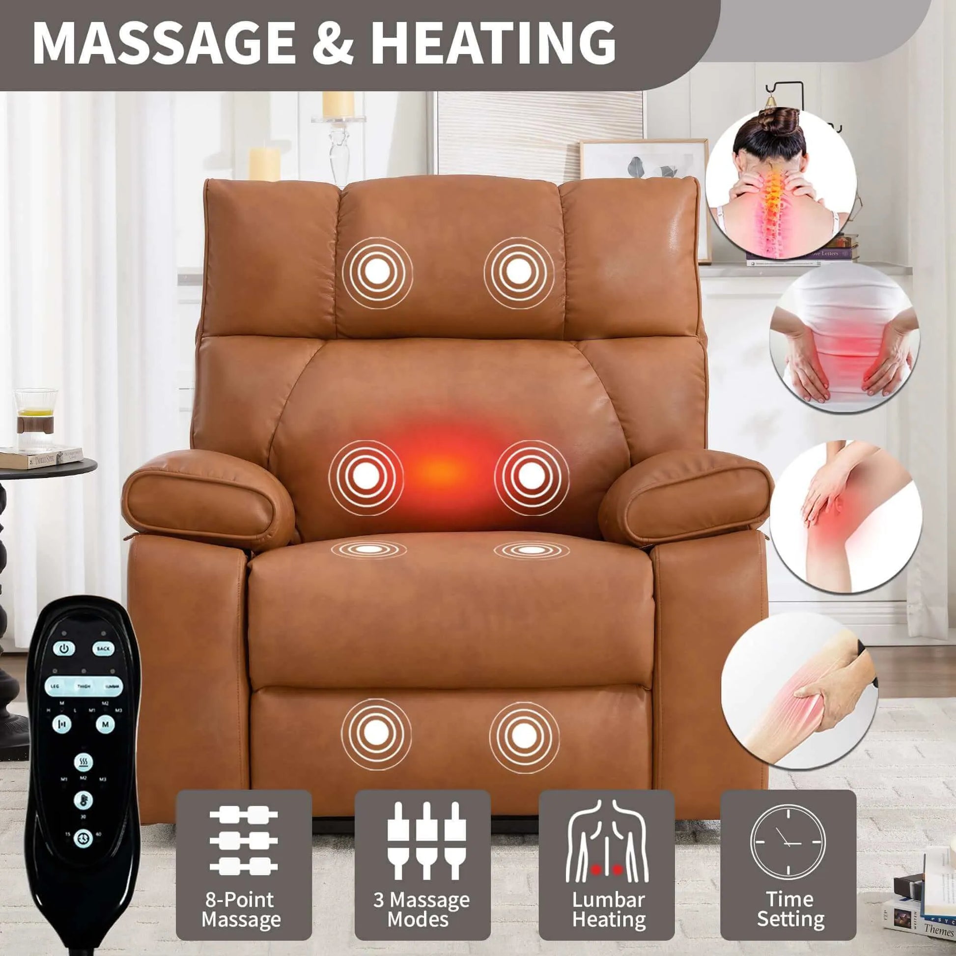 Brown massage and heating recliner chair with remote control, surrounded by icons and images showing its features.