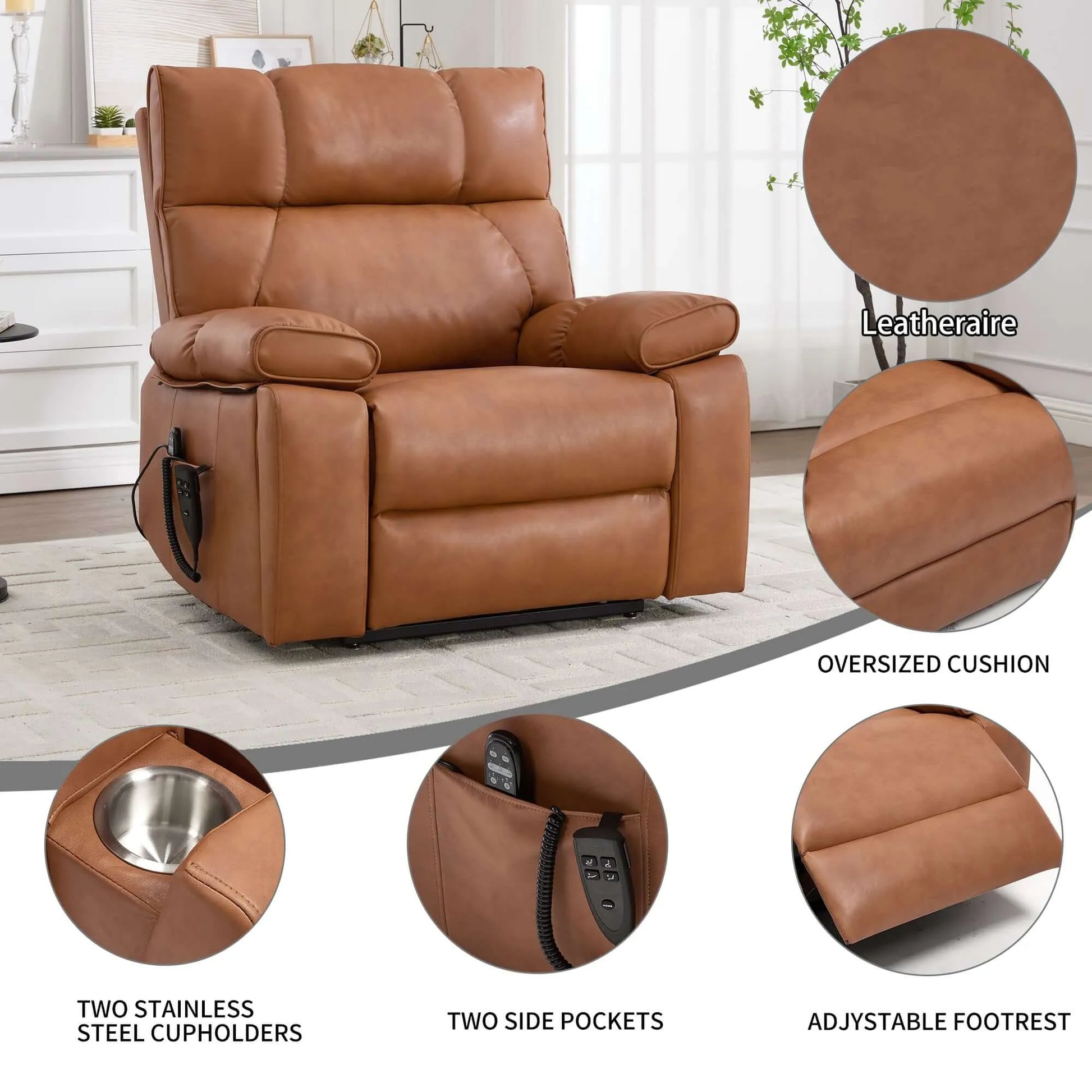 Brown faux leather recliner chair with close-up details showing leatheraire, oversized cushion, adjustable footrest, two stainless steel cup holders, two side pockets