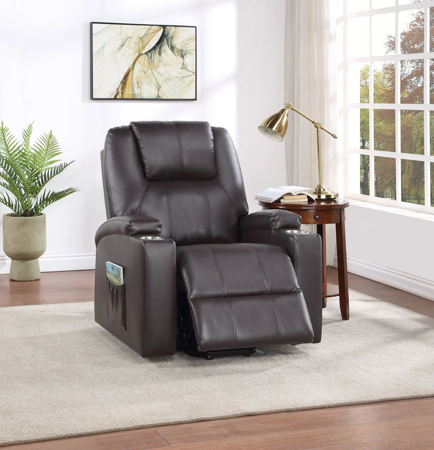 Brown leather recliner chair in a living room setting with a side table and window.