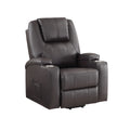 Brown leather recliner chair with cup holders on a white background