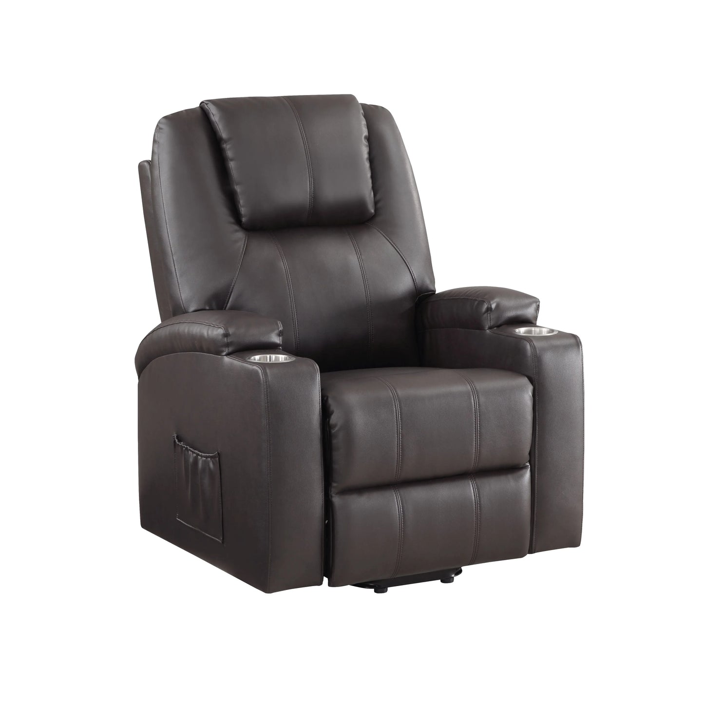 Brown leather recliner chair with cup holders on a white background