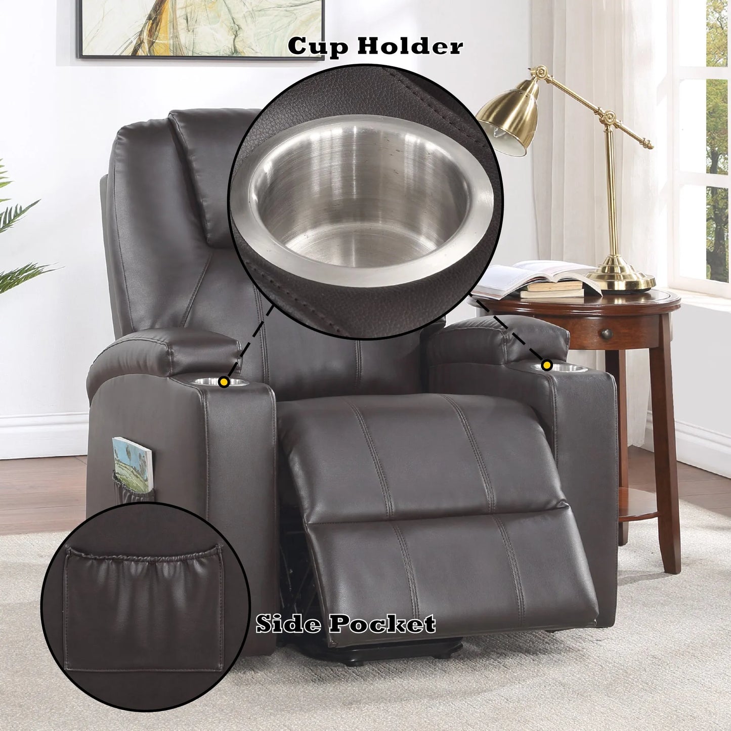 Brown recliner chair with cup holder and side pocket in a home setting