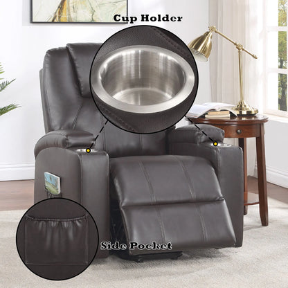 Brown recliner chair with cup holder and side pocket in a home setting