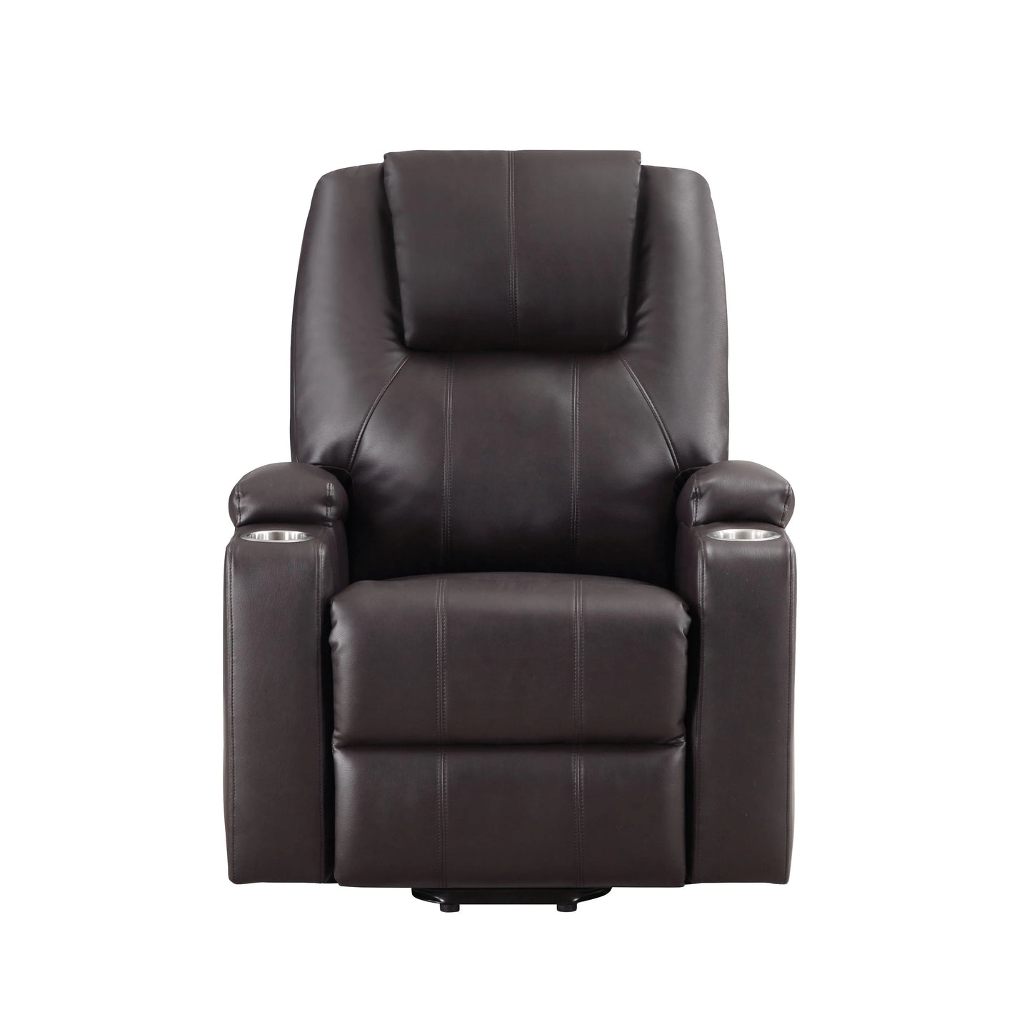 Front view of a brown leather recliner chair on a white background